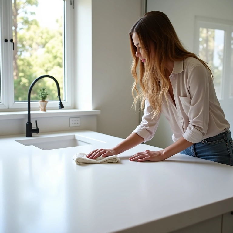 Mulher limpando facilmente uma bancada de quartzo com um pano, demonstrando a fácil manutenção.