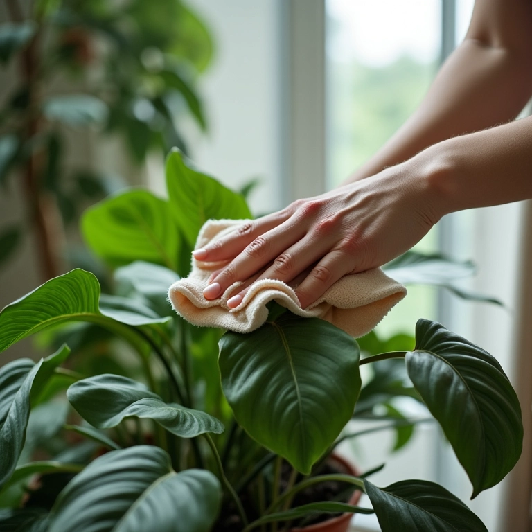 Mulher limpando folhas de Singônio com pano.