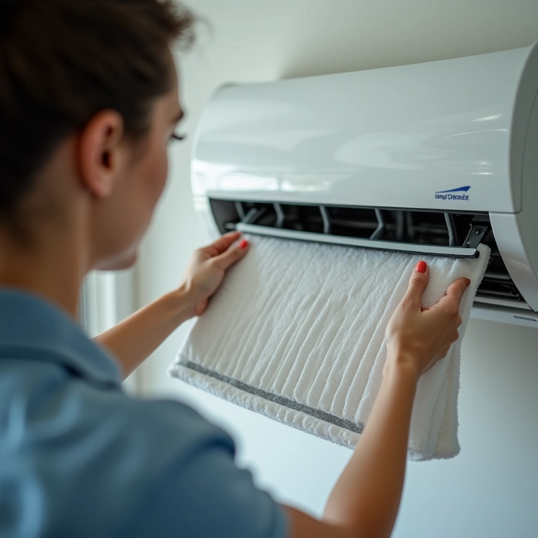 Mulher limpando o filtro do ar-condicionado.