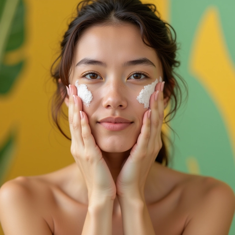 Mulher limpando o rosto com água micelar em um banheiro vibrante.