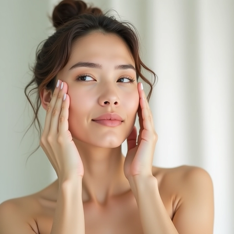 Mulher limpando o rosto com produto suave.