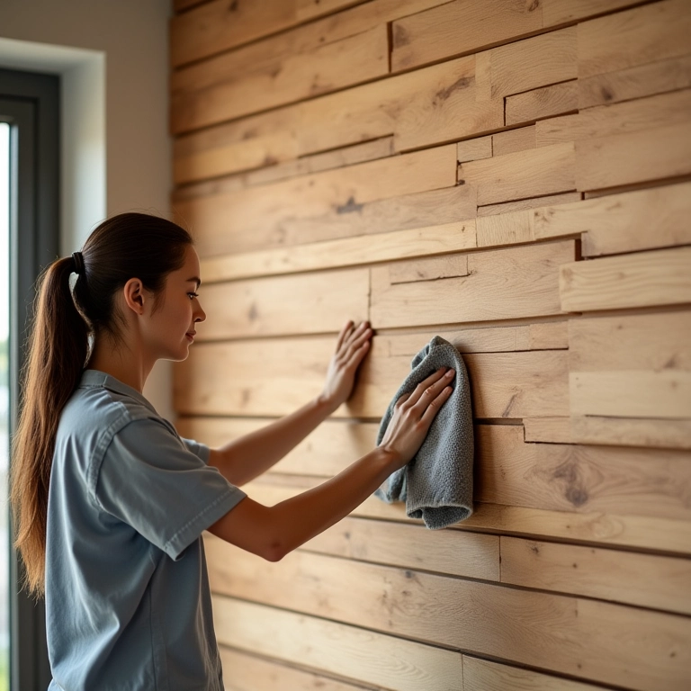 Mulher limpando parede de ripado de madeira.