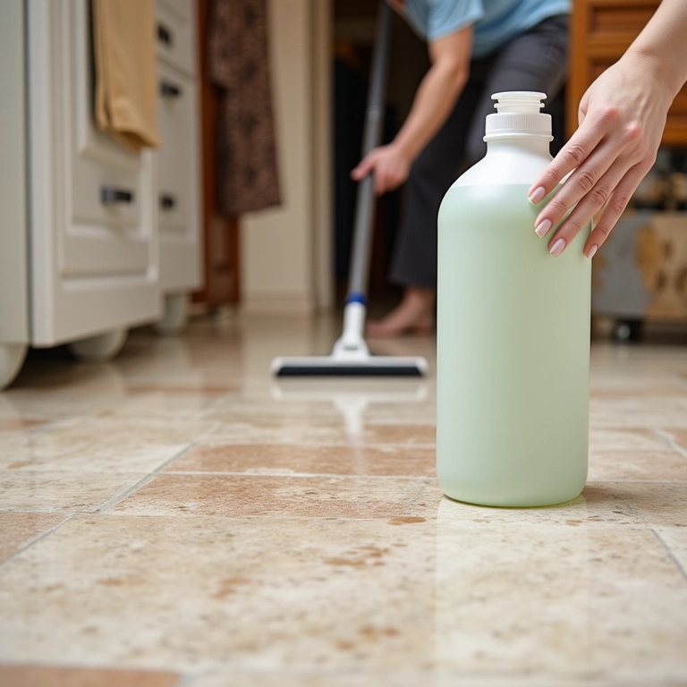 Mulher limpando piso de travertino com um produto de limpeza de pH neutro.
