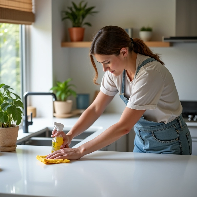Mulher limpando Silestone corretamente.