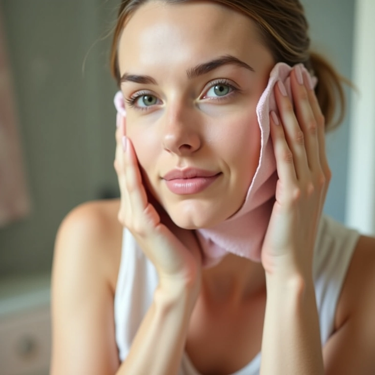 Mulher limpando suavemente o rosto com pano macio.