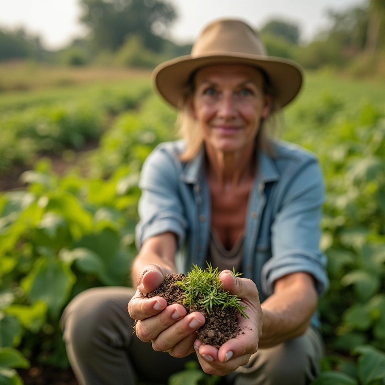 Mulher madura com unhas de fibra de vidro, ideais para atividades ao ar livre.
