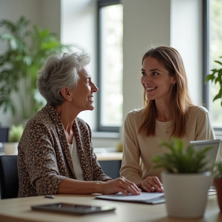 Mulher mais velha mentorando uma mulher mais jovem em um escritório moderno com design brasileiro.