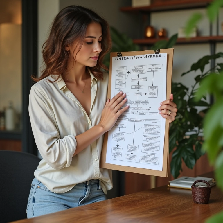 Mulher mapeando a jornada do cliente em um escritório aconchegante com decoração brasileira.