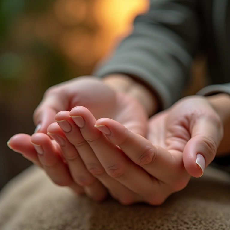 Mulher massageando as próprias mãos em ambiente relaxante com iluminação natural.