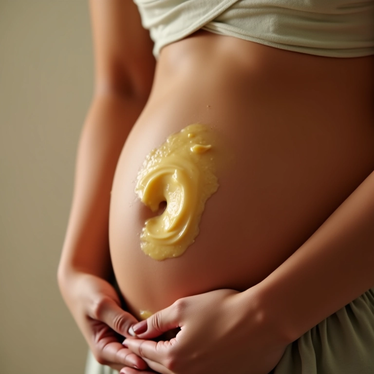 Mulher massageando manteiga corporal na barriga, elasticidade.