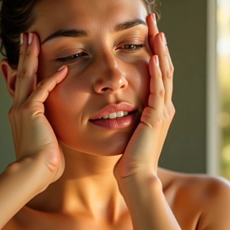 Mulher massageando óleo de limpeza no rosto em um banheiro com decoração brasileira vibrante.