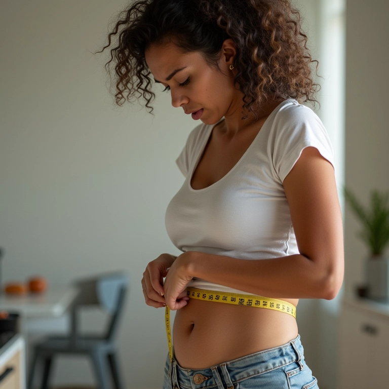 Mulher medindo a cintura após dieta sem glúten.