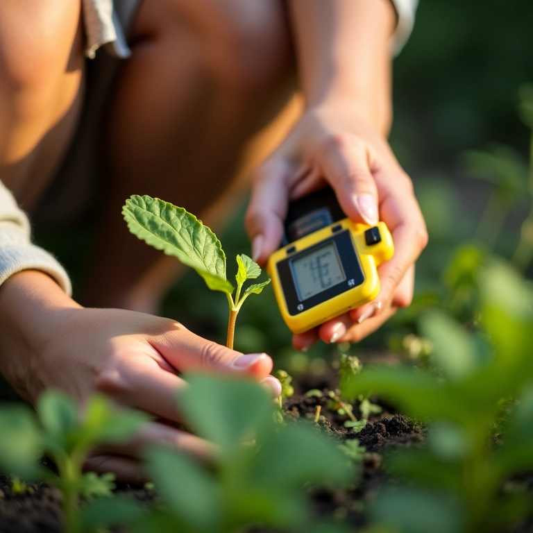 Mulher medindo a luz em muda de hortaliça em horta de apartamento.