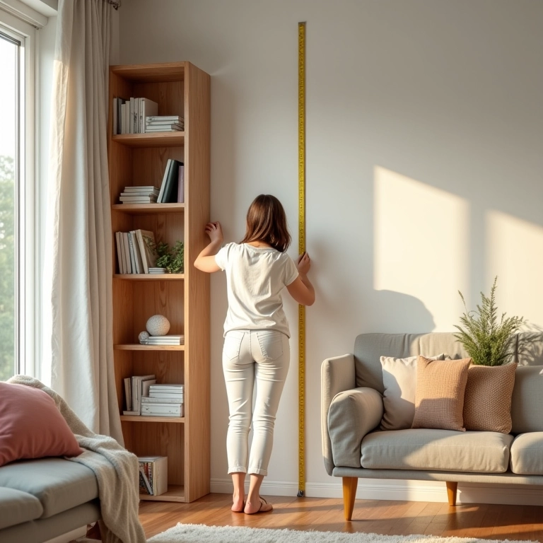 Mulher medindo espaço para nova estante na sala de estar.