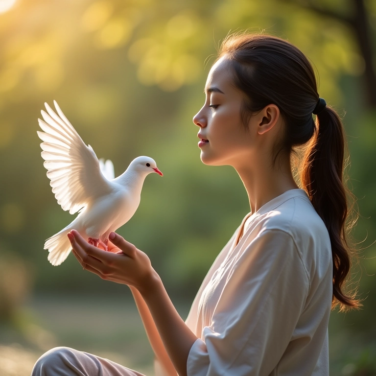 Mulher meditando com pomba branca por perto.