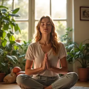 Mulher meditando em ambiente tranquilo, desligando-se do celular para um detox digital.