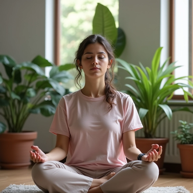 Mulher meditando em casa para reduzir a ansiedade.