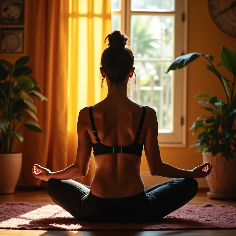 Mulher meditando em um apartamento colorido, buscando o equilíbrio emocional e representando o gerenciamento de emoções.