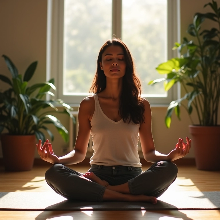 Mulher meditando em um estúdio de yoga.