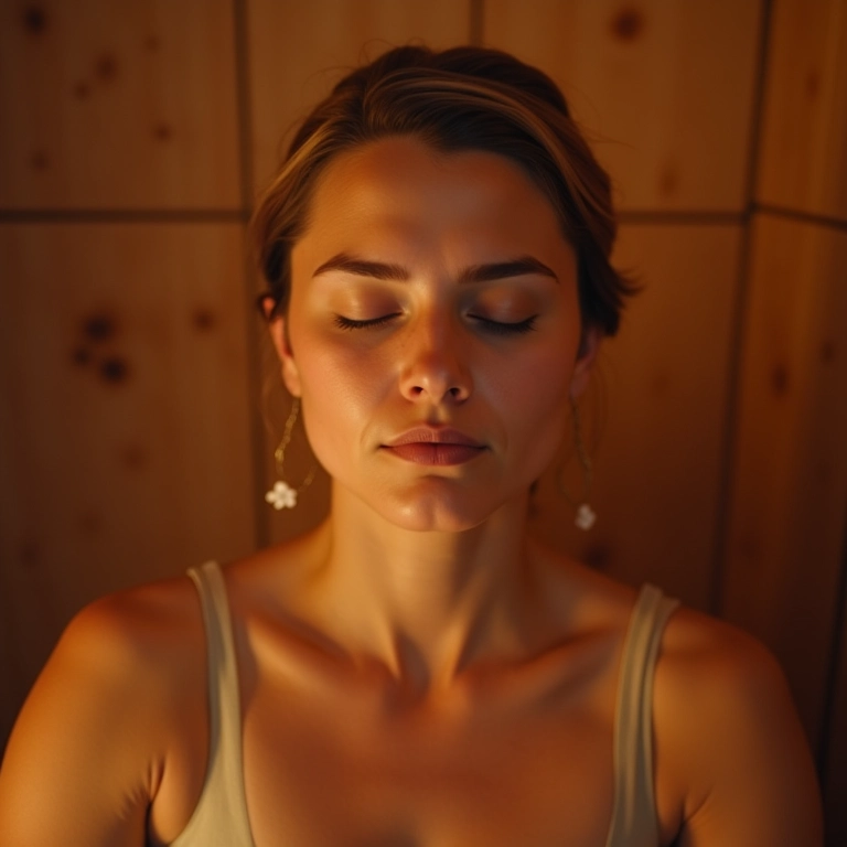Mulher meditando na sauna a vapor, relaxando e reduzindo o estresse.