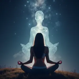 Mulher meditando visualizando a projeção astral, conceito de saída do corpo.