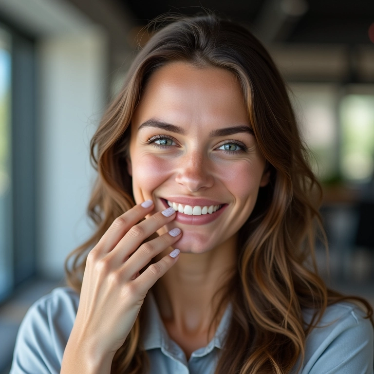 Mulher moderna e confiante com unhas de gel impecáveis.