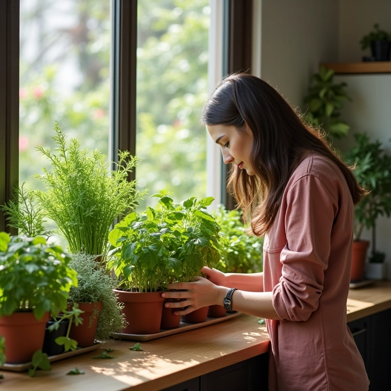 Mulher montando uma horta de temperos na cozinha.