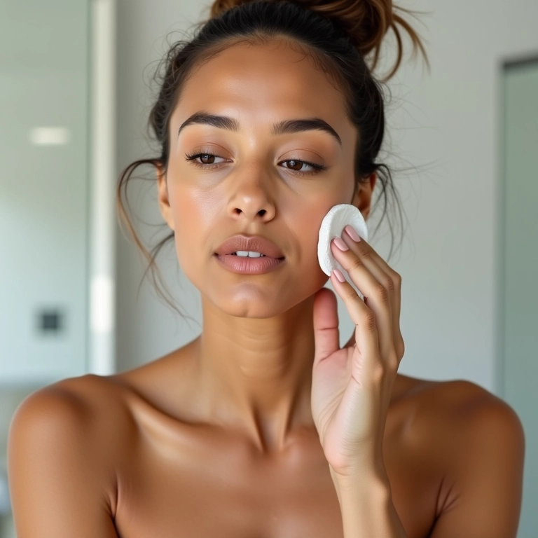 Mulher morena aplicando tônico facial com PHA no rosto com algodão.