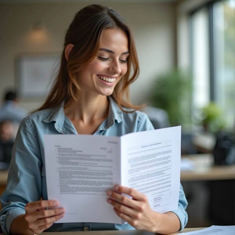 Mulher mostrando documentos em um escritório, representando comprovação da união para pensão.