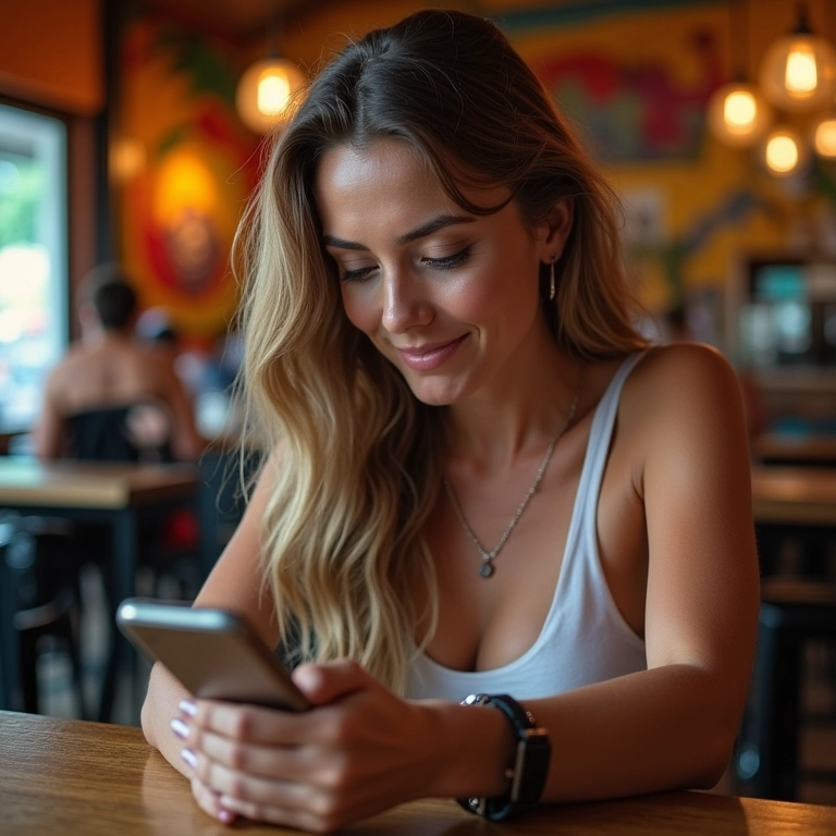 Mulher navegando em um site mobile-first em um café vibrante no Brasil.