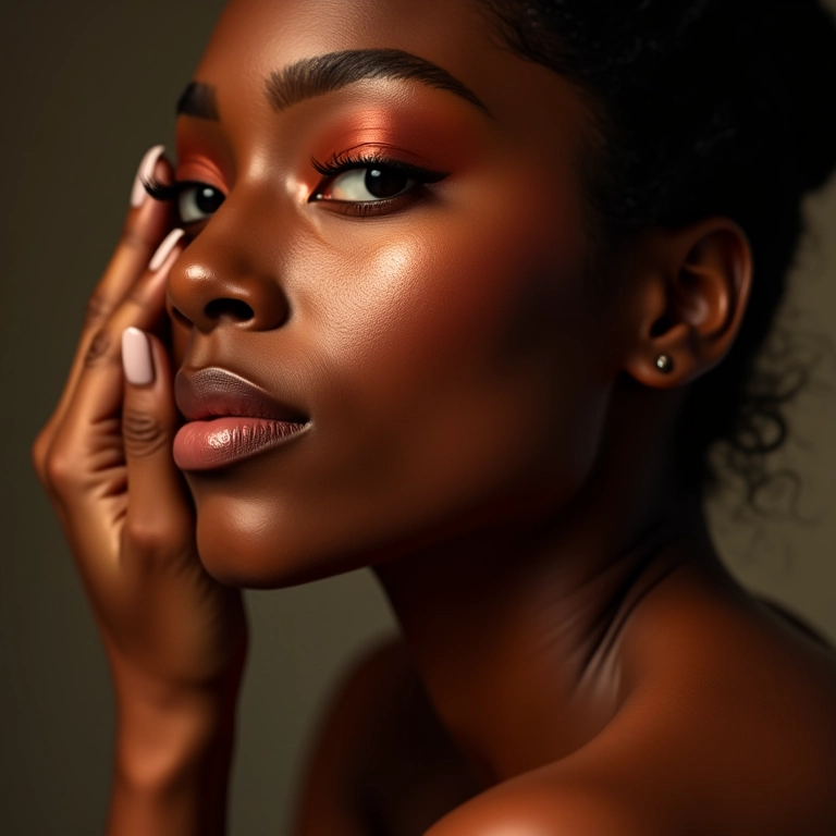 Mulher negra aplicando bronzer em tom de bronze profundo.