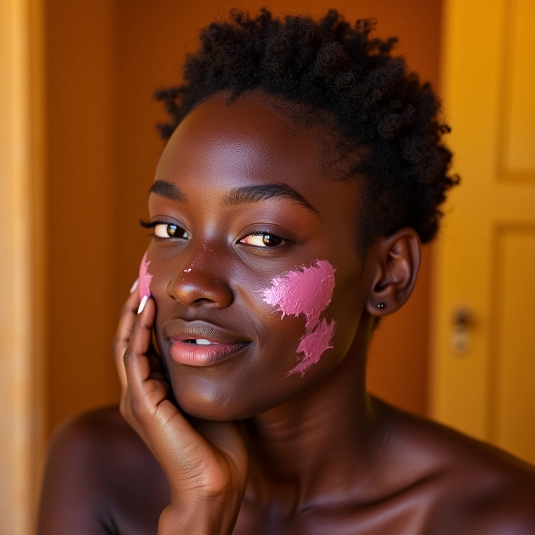 Mulher negra aplicando Máscara Facial Esfoliante Dalla Makeup Skin PHA & Argila Rosa.