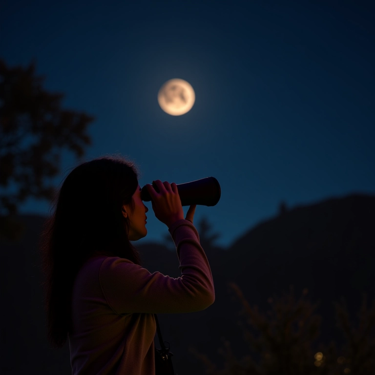 Mulher observando um eclipse lunar com binóculos em seu quintal.
