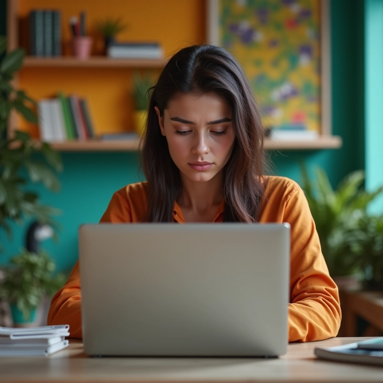 Mulher olhando fixamente para a tela do laptop, com dificuldade de concentração.