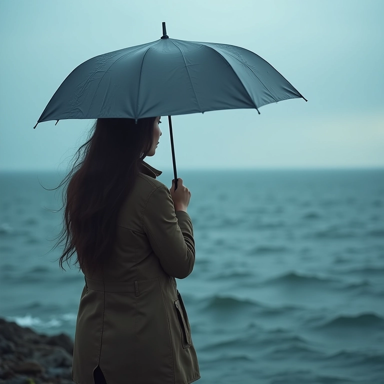 Mulher olhando para o mar tempestuoso, refletindo sobre erros financeiros.