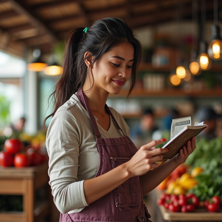 Mulher orçando cuidadosamente com dinheiro limitado em mercado brasileiro.