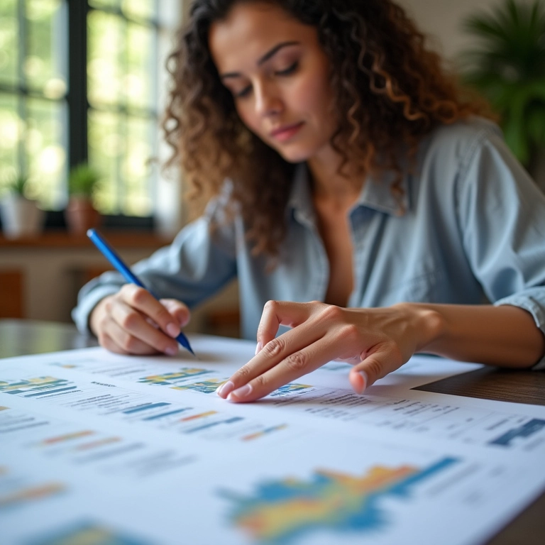 Mulher organizando documentos financeiros, mostrando a importância de organizar as finanças.