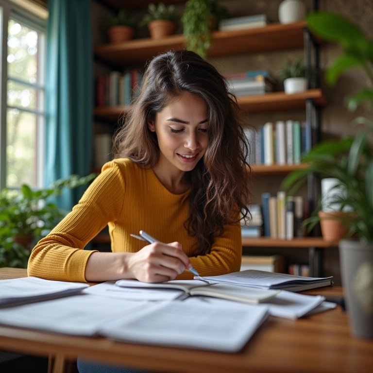 Mulher organizando documentos fiscais MEI em escritório charmoso com decoração brasileira.