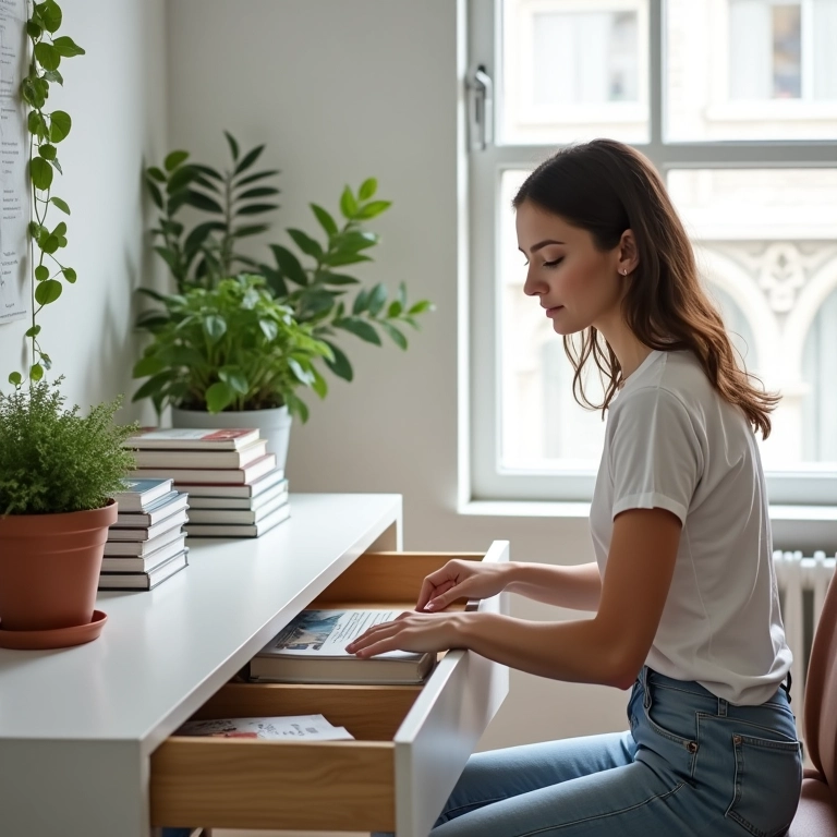 Mulher organizando espaço de trabalho minimalista, parte de um detox digital eficaz.