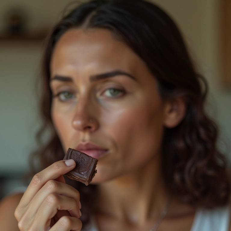 Mulher pensativa olhando para um pedaço de chocolate.