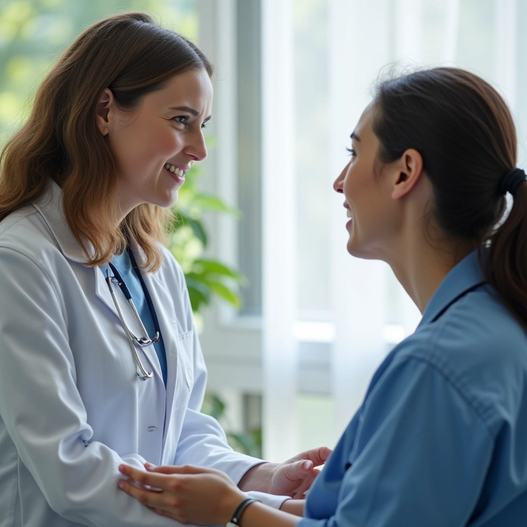 Mulher perguntando ao médico sobre o tempo de recuperação completa após a cirurgia.