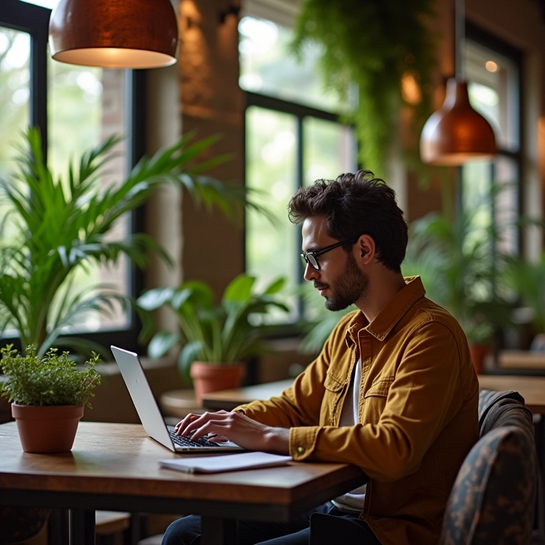 Mulher pesquisando destinos ecológicos em um café aconchegante no Brasil.