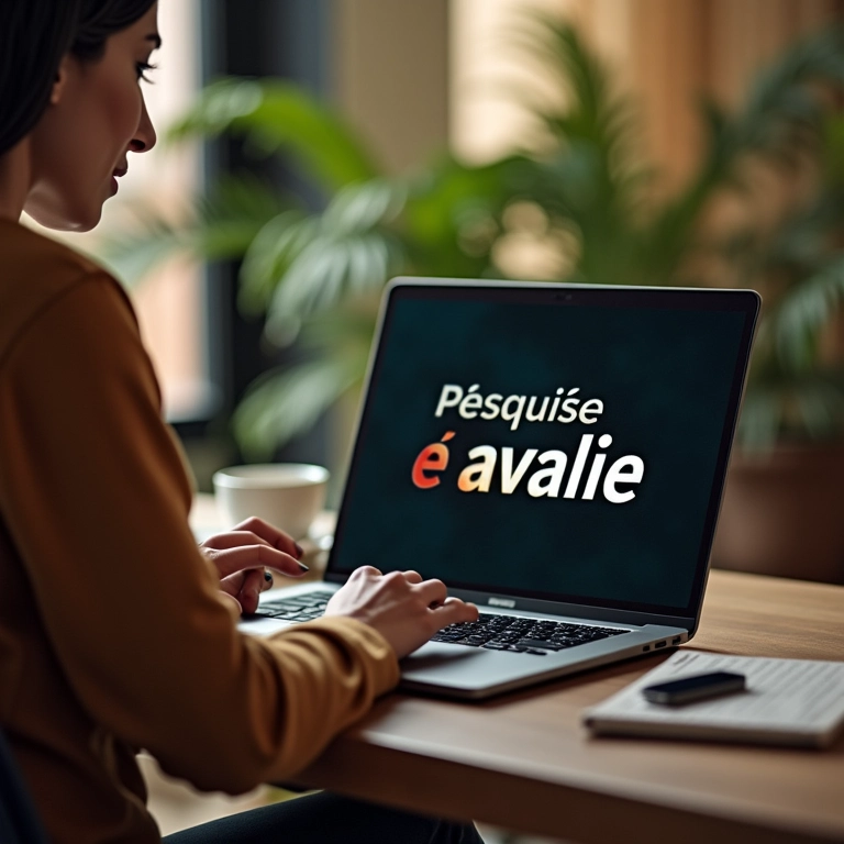 Mulher pesquisando investimentos em um laptop com a frase 'Pesquise e avalie' na tela.