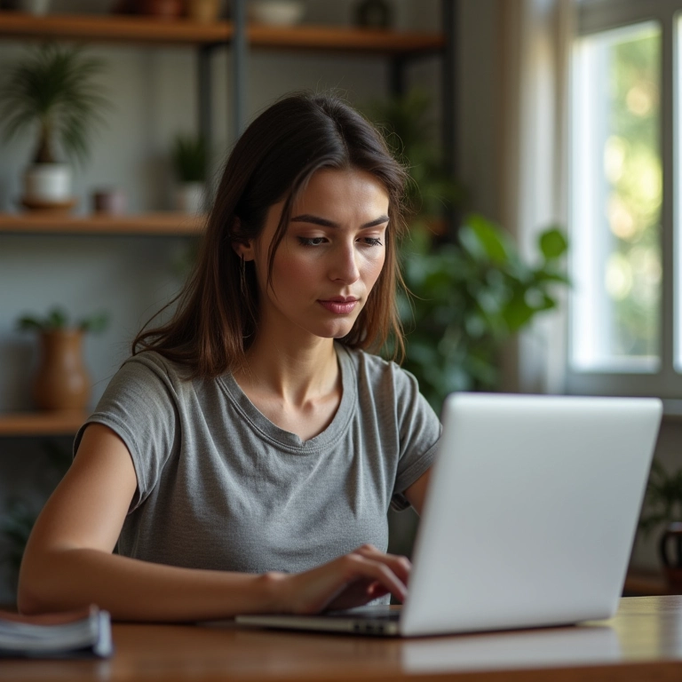 Mulher pesquisando reputação de instituição de caridade no laptop.