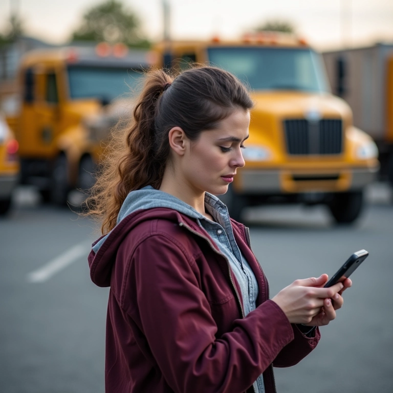 Mulher pesquisando serviços de guincho no celular.