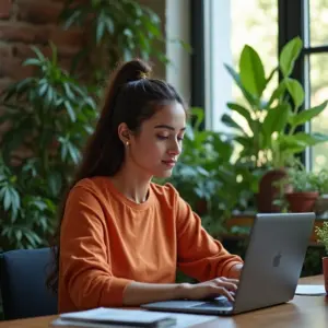 Dropshipping Para Iniciantes Vale a Pena em 2025 Mulher pesquisando sobre dropshipping em um escritório doméstico vibrante.