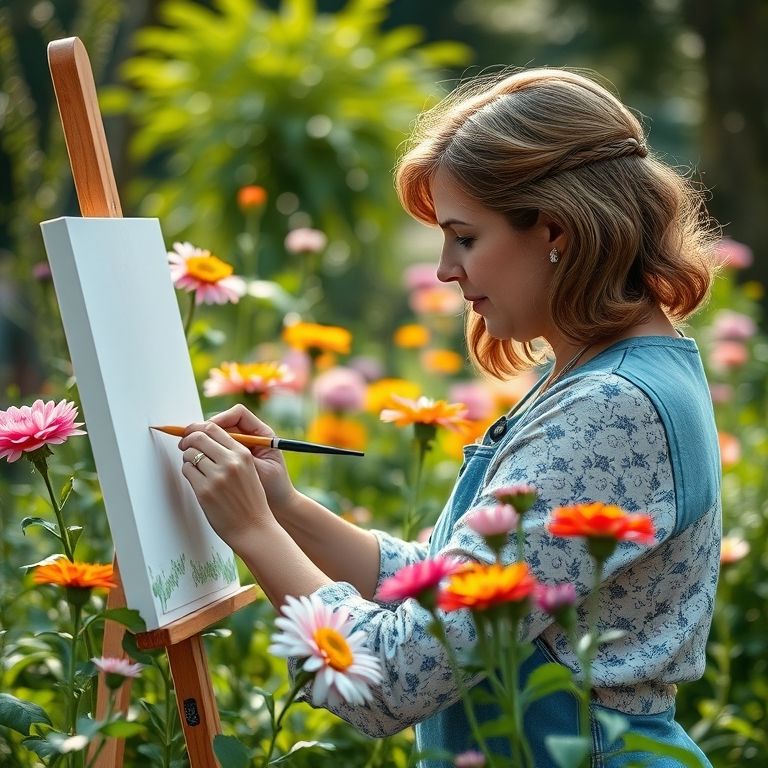 Mulher pintando flores em um jardim, expressando sua criatividade e talento artístico.