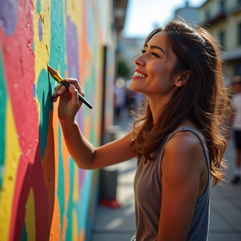Mulher pintando um mural vibrante.