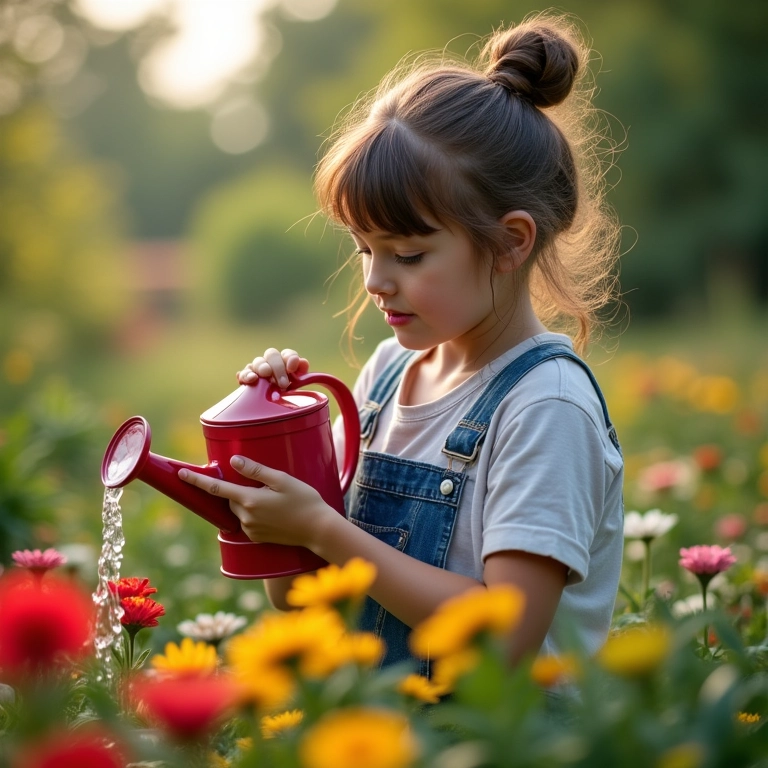 Mulher pintando um regador com cores vibrantes.