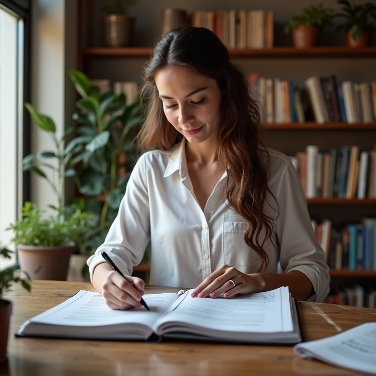 Mulher planejando a reforma de sua biblioteca particular.